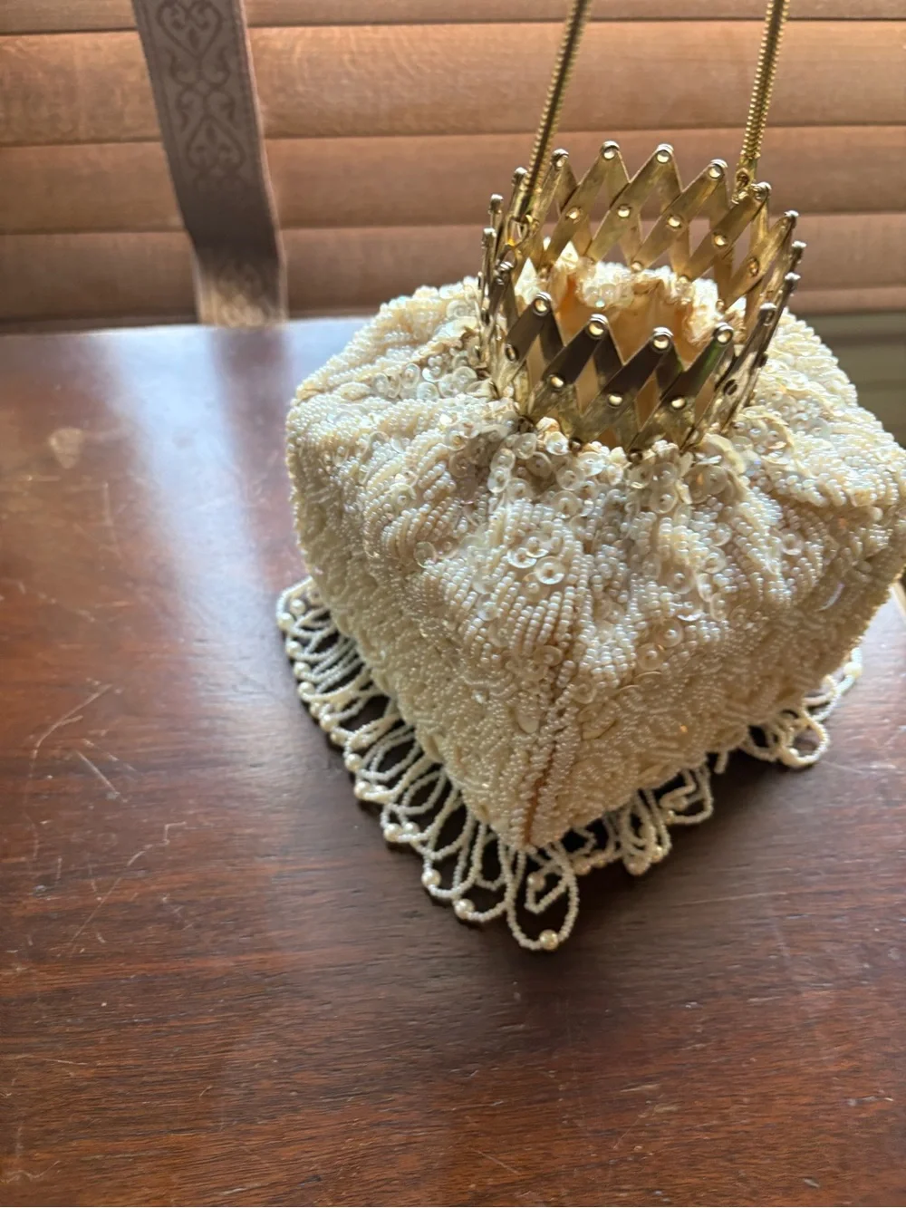 Handmade Ivory Beaded Decorative Purse with Gold Crown Accent